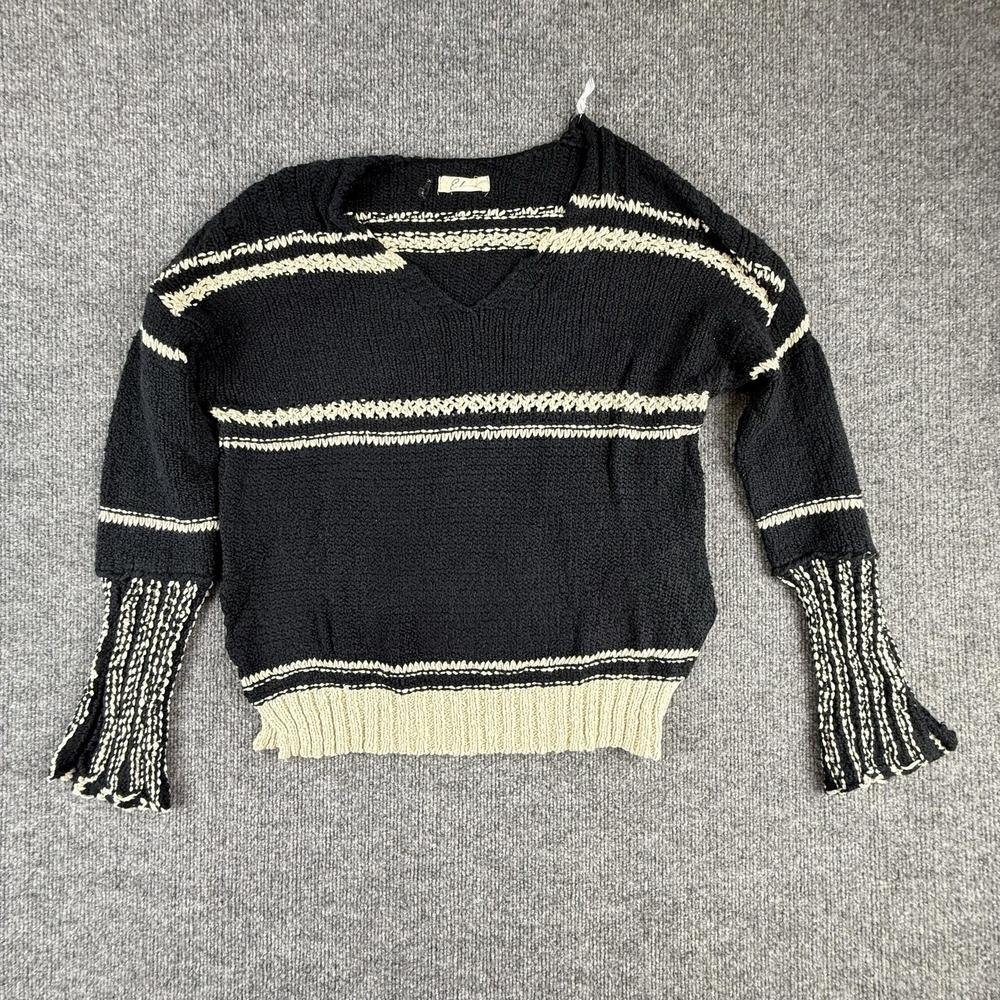 Elan Sweater Womens Large Black Striped V Neck Fringe Sleeve Cotton SW10094